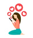Girl using smartphone. Social media like. Young woman holding smartphone in hands. Like button icons flying out of mobile phone. G